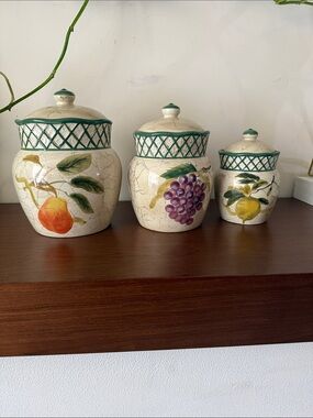 Vintage Raymond Waites Cornucopia Fruit Lattice ceramic canisters.